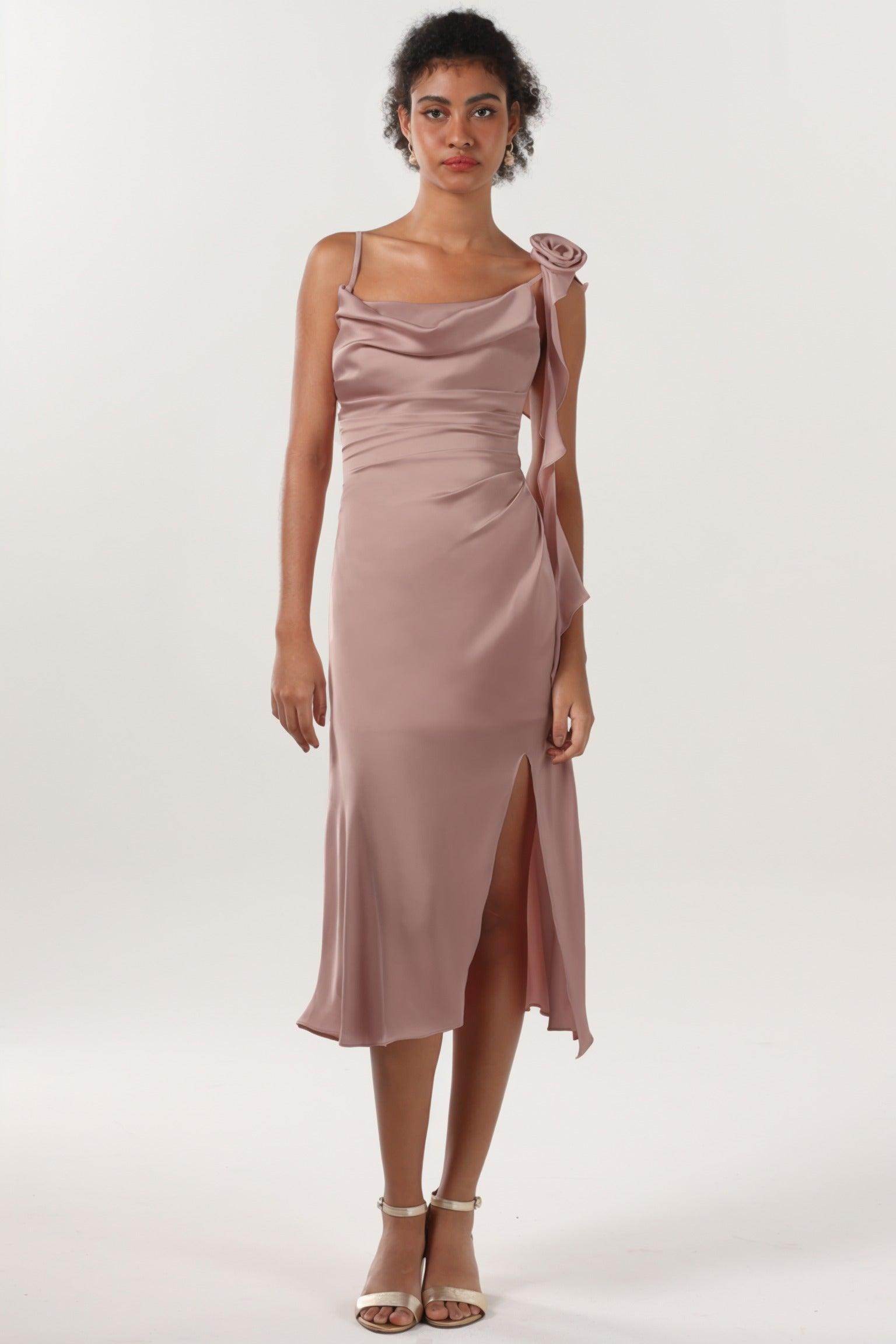Sheath-Column Midi Luxe Satin Bridesmaid Dress CS0613BM - COCOMELODY